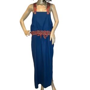 Leslie Lucks Vintage 90s Denim Look Red Plaid Trim Jumper Maxi Dress Size 8 VGC